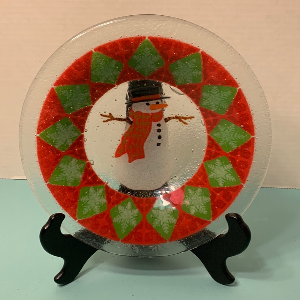 Peggy Karr Fused Art Glass Snowman Bowl Red/Green Christmas Snowflakes 8 1/2”
